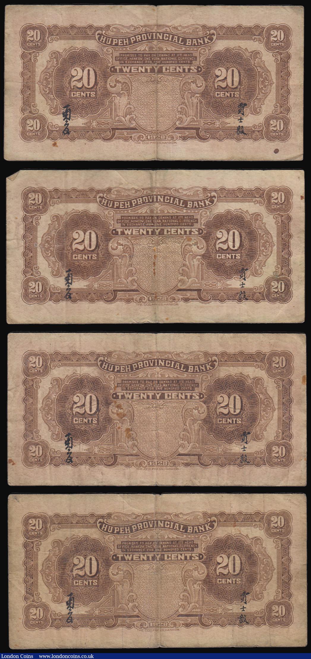 London Coins : A180 : Lot 135 : China, Hupeh Provincial Bank Twenty Cents 1928 the front red with a pagoda at the centre the back br...