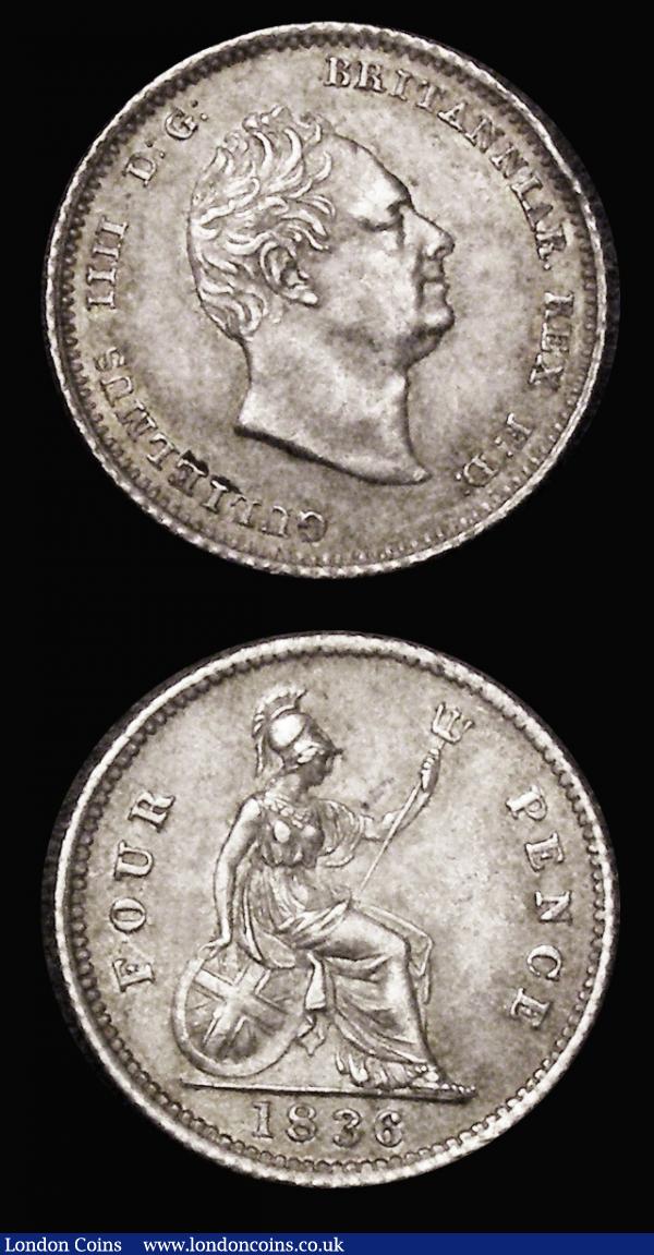 Groats (2) 1836 D: G: ESC 1918, Bull 2515, Davies 380 dies 1A, EF with touches of golden tone and a gentle edge bruise, 1837 Large head ESC 1922, Bull 2520, Davies 384 dies 2A Lustrous UNC the obverse with some light hairlines : English Coins : Auction 180 : Lot 1374