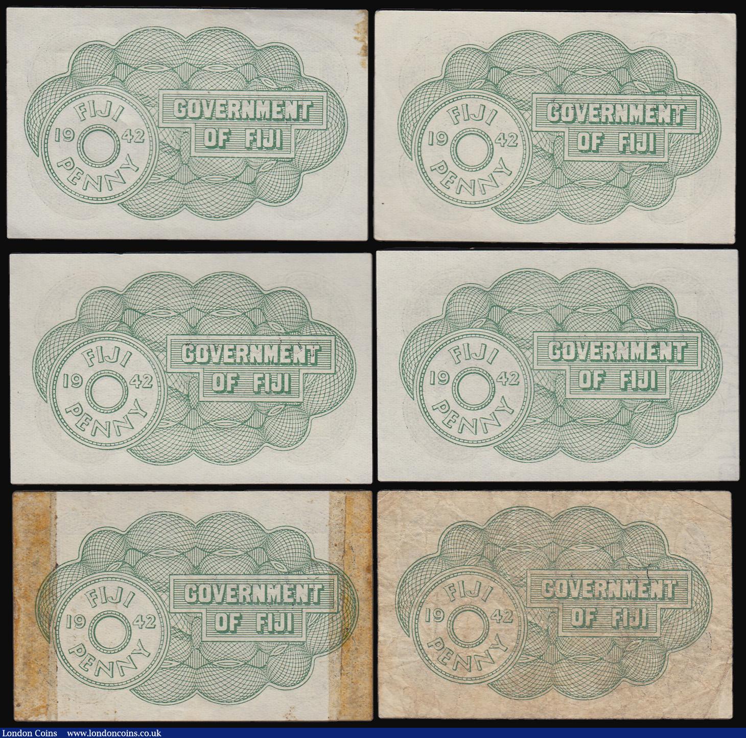 London Coins : A180 : Lot 140 : Fiji One Penny 1/7/1942 issue, Pick 47a (6) UNC (2), EF (2, one with some foxing to the edge), Fine ...