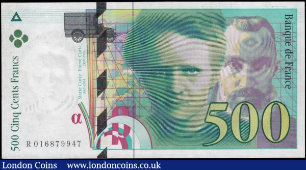 France 500 Francs "Pierre & Marie Curie" Pick 160a (Fayette F76.1) dated 1994 signatures Bruneel, Bonnardin & Vigier serial number R 016879947, AUNC with minor surface  and slight wear to corners . Dark green and black on multicolour featuring Pierre & Marie Curie at right on obverse and the reverse illustrating Laboratory utensils : World Banknotes : Auction 180 : Lot 144