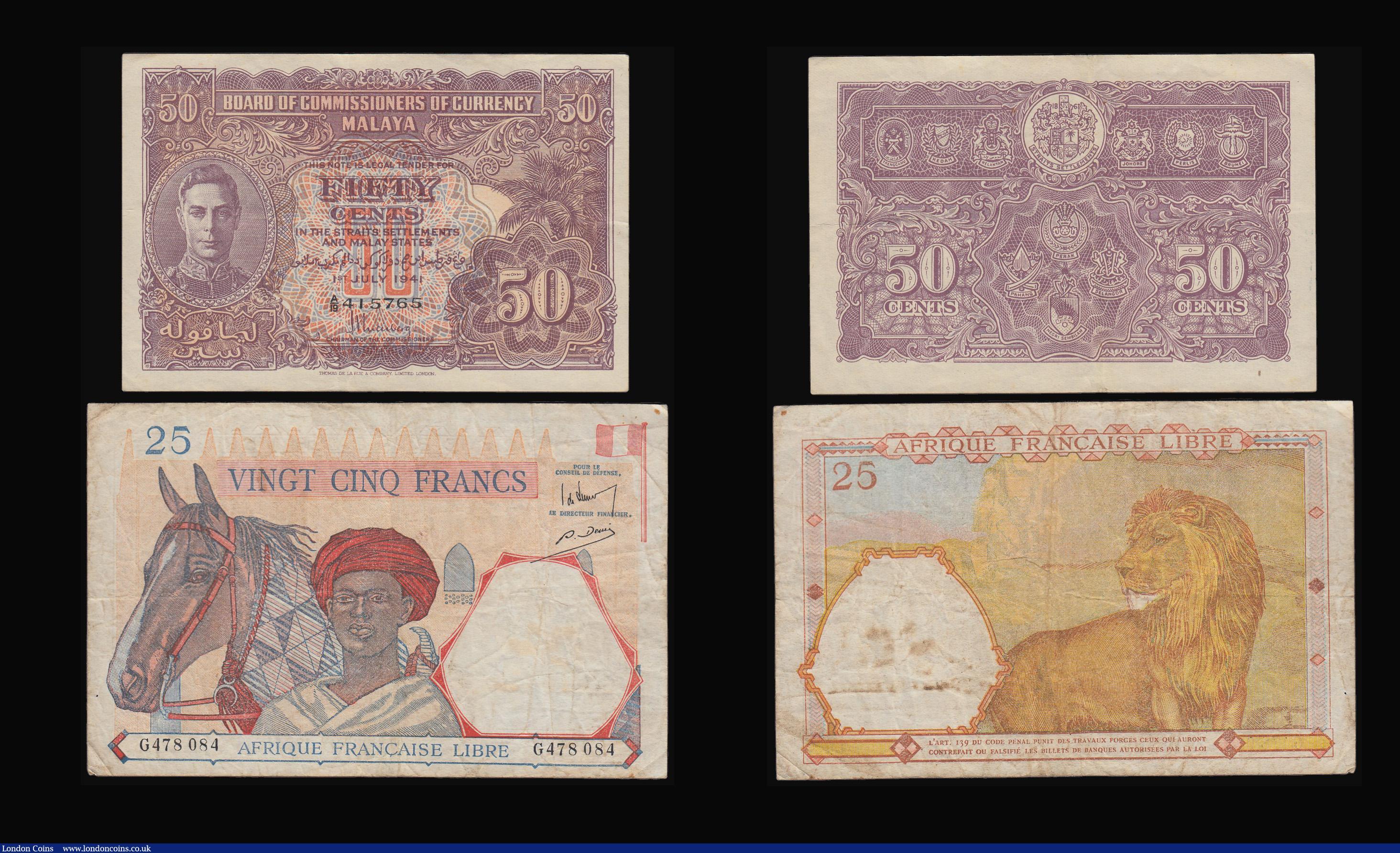 London Coins : A180 : Lot 146 : French Cameroon 100 Francs Felix Eboue at centre Pick 32 Fine,  French West Africa 25 Francs AFRIQUE...
