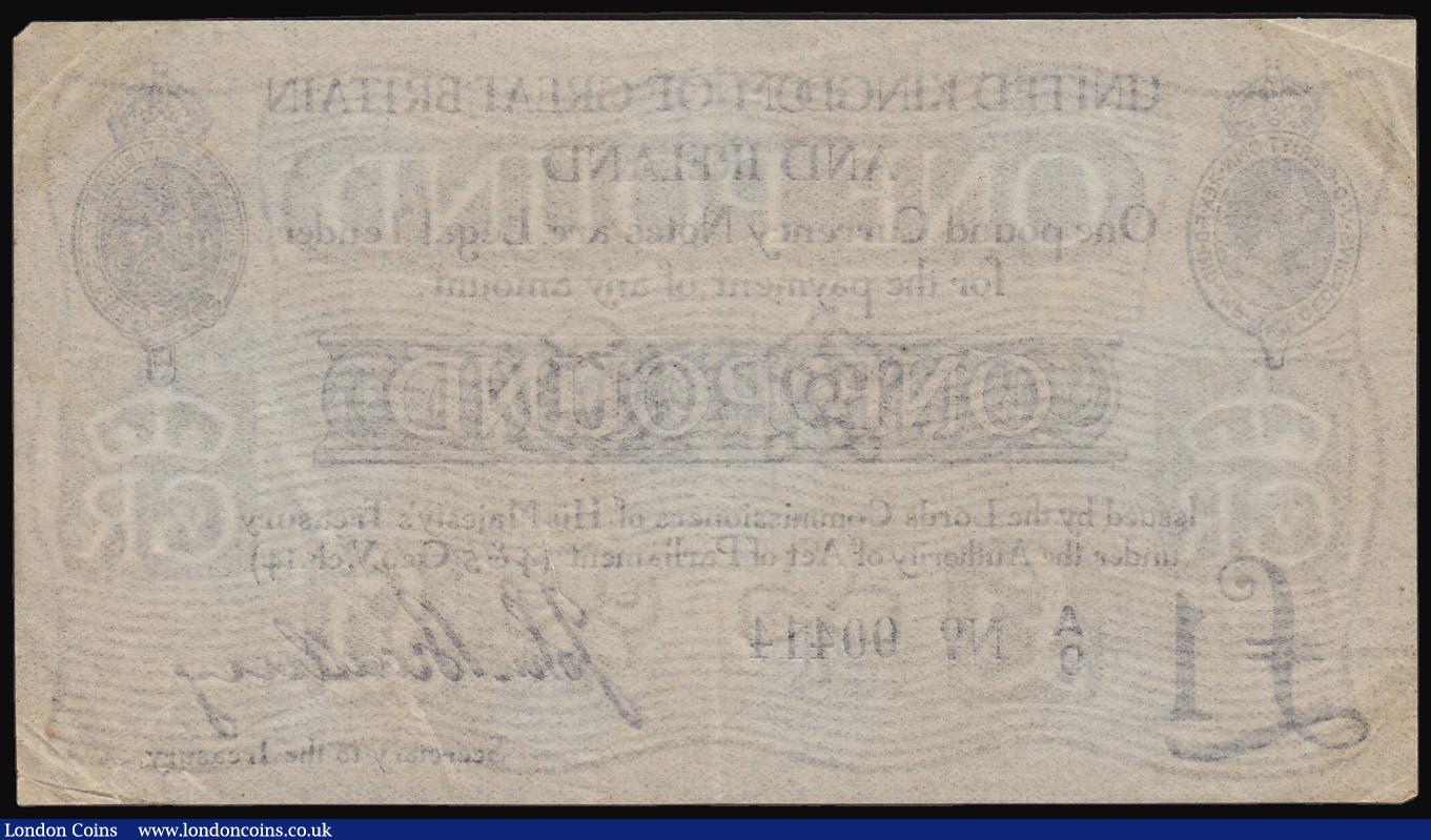 London Coins : A180 : Lot 15 : Treasury One Pound Bradbury T11 type 1, 1914 series A/9 00414, VF with some light discolouration