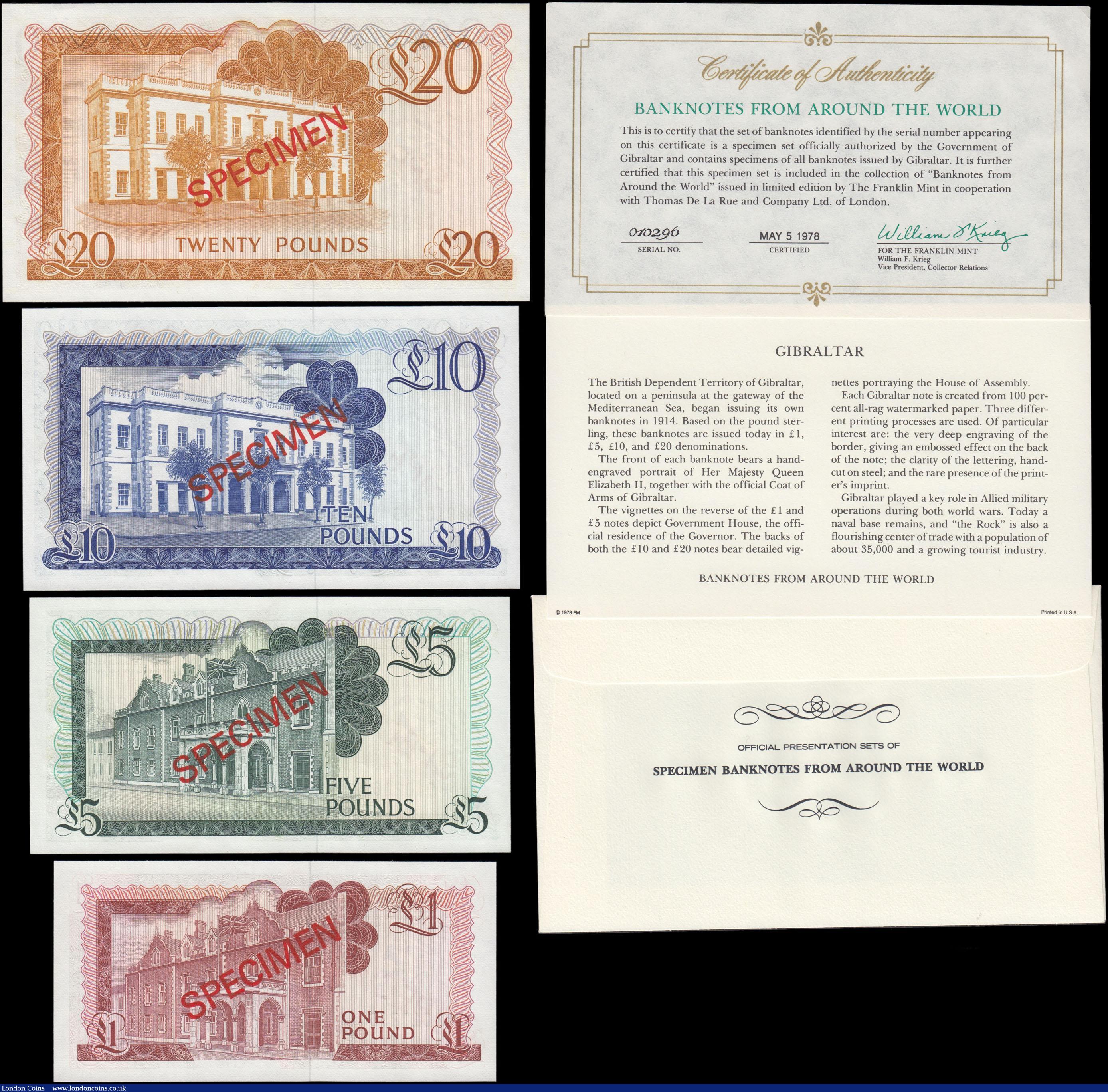 London Coins : A180 : Lot 153 : Gibraltar SPECIMEN Franklin Mint Collectors set Pick CS1 of 4 notes - 1, 5, 10 and 20 Pounds (Simila...