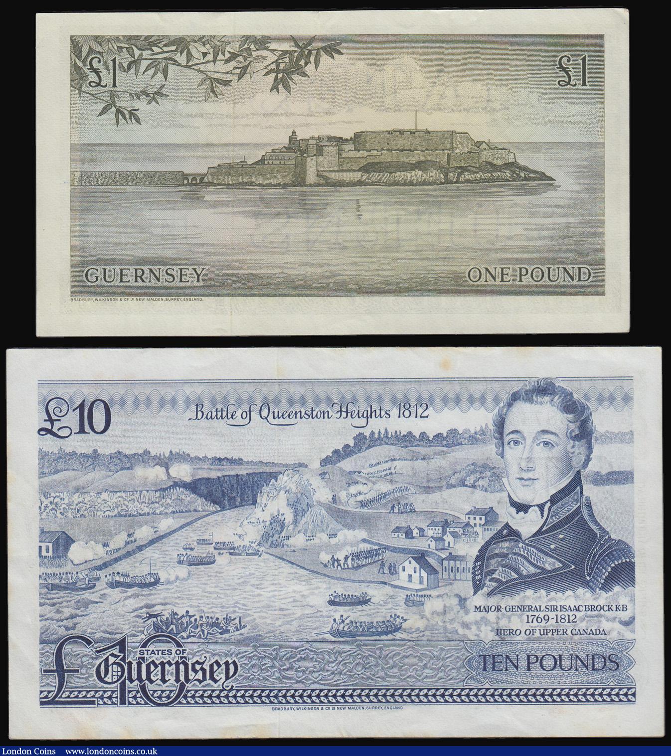 London Coins : A180 : Lot 154 : Guernsey (2) £10 issued 1975-80, Britannia at left, prefix A, Pick 47, a few small stains, abo...