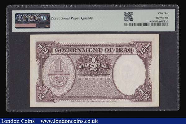 Iraq Half (1/2) Dinar 1931 (undated, 1942) Lord Kennet and Ata Amin signatures, serial number E 220,862, Pick 17a, Printed by Bradbury, Wilkinson and Co. in a PMG holder and graded PMG 55 EPQ (Exceptional Paper Quality) a superb example of this extremely rare and highly desirable note, at the time of writing this is the finest known example on the PMG Population Report : World Banknotes : Auction 180 : Lot 159