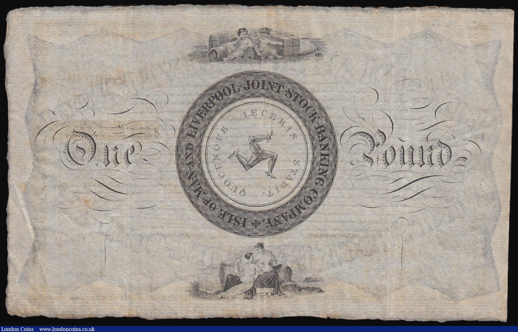 London Coins : A180 : Lot 162 : Isle of Man and Liverpool Joint Stock Company One Pound Douglas 18xx, unsigned and undated black on ...