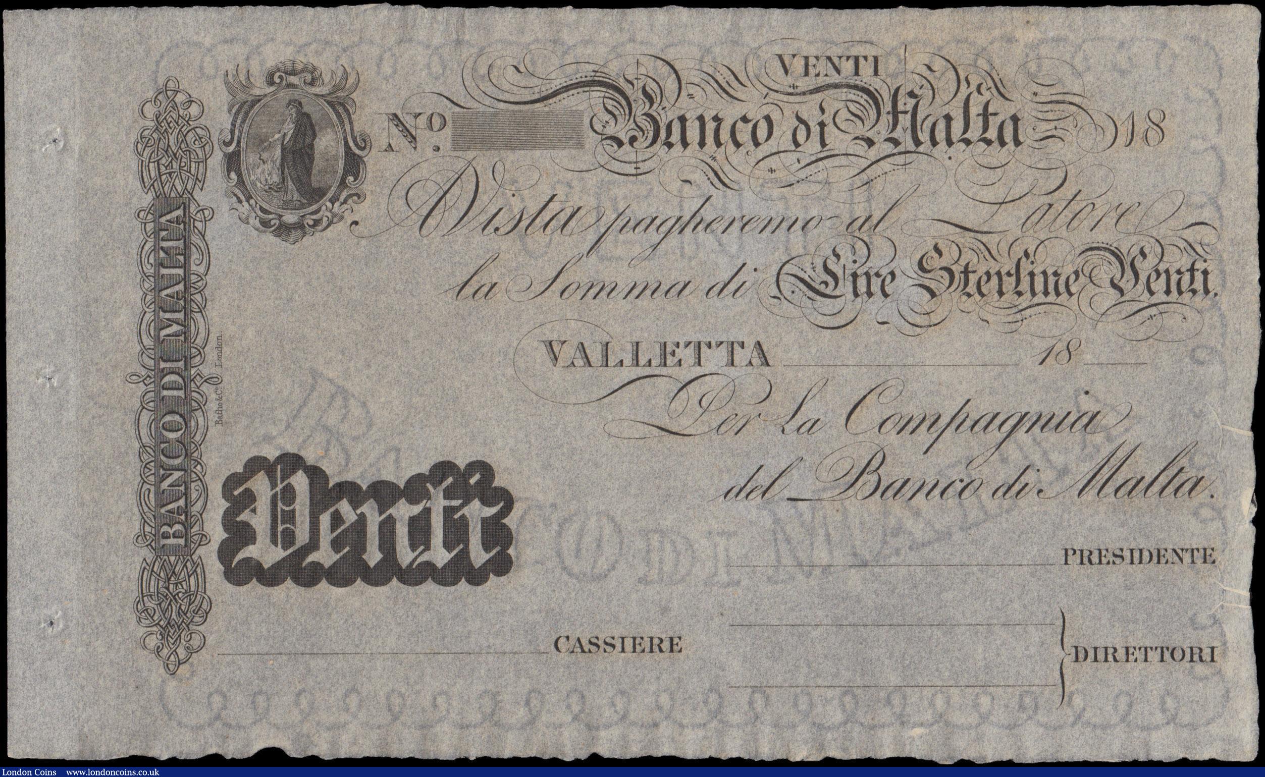 London Coins : A180 : Lot 176 : Malta Banco di Malta 20 Lire & 100 Lire Unissued Remainders Pick S163 & S165 ND Second Issue...