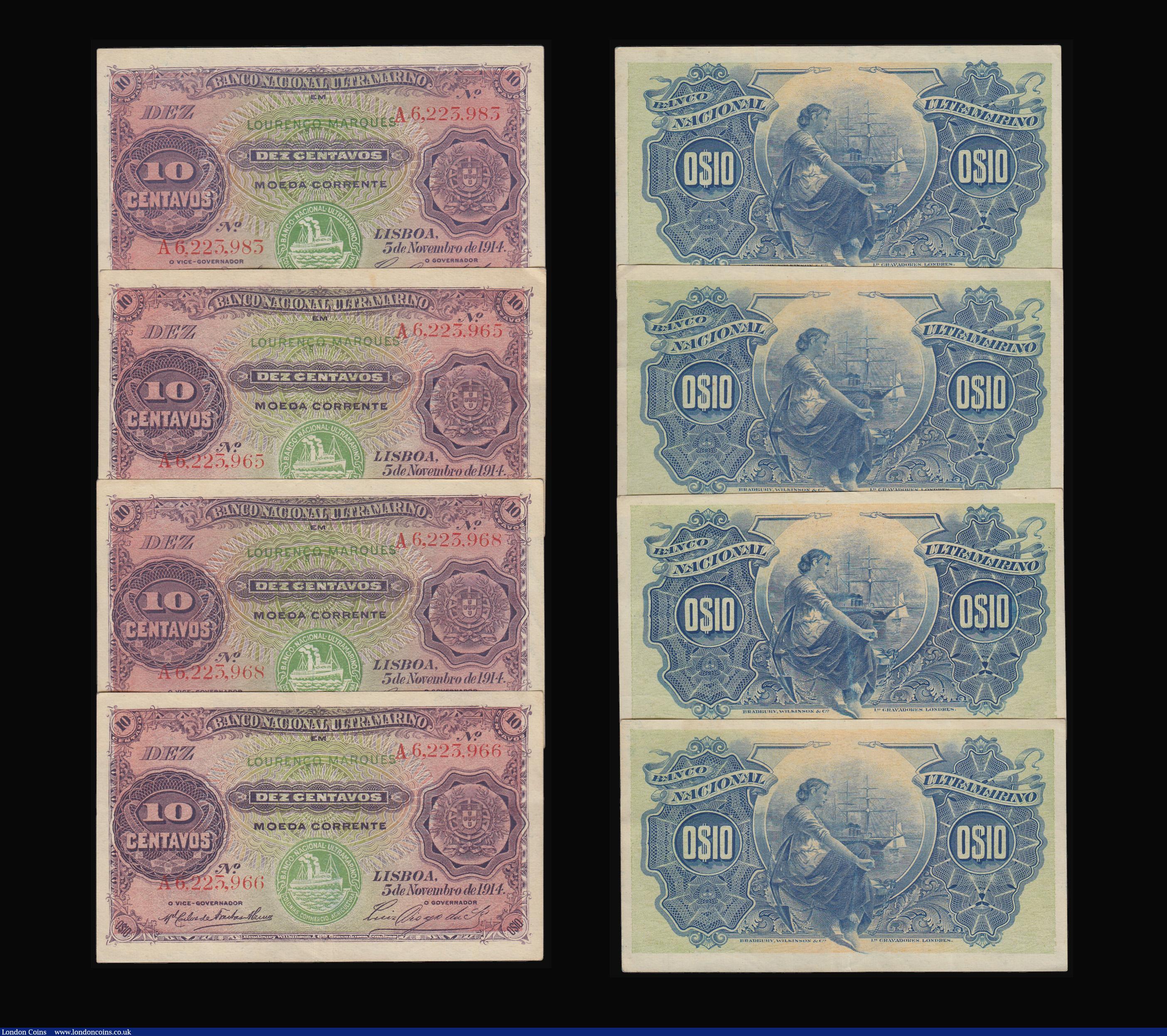 London Coins : A180 : Lot 179 : Mozambique 10 Centavos November 1914 Pick 53 (4) 2 being consecutives GVF-EF, Angola 500 Escudos 197...