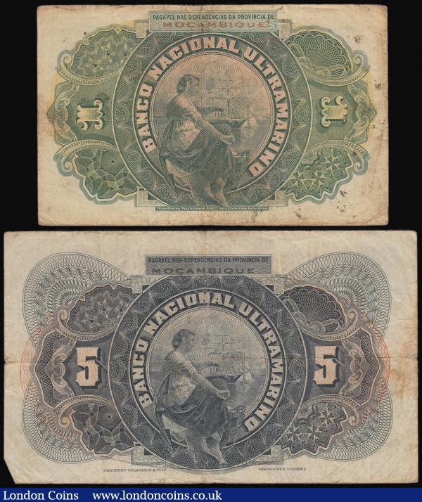 Mozambique Banco Nacional Ultramarine 1 and 5 Escudos dated 1st January 1921 issues variety without decreto at upper left (2) both in VF. 1 Escudo Pick 66b serial number 4570837. Together with the 5 Escudos Pick 68b serial number 1591083.  : World Banknotes : Auction 180 : Lot 180