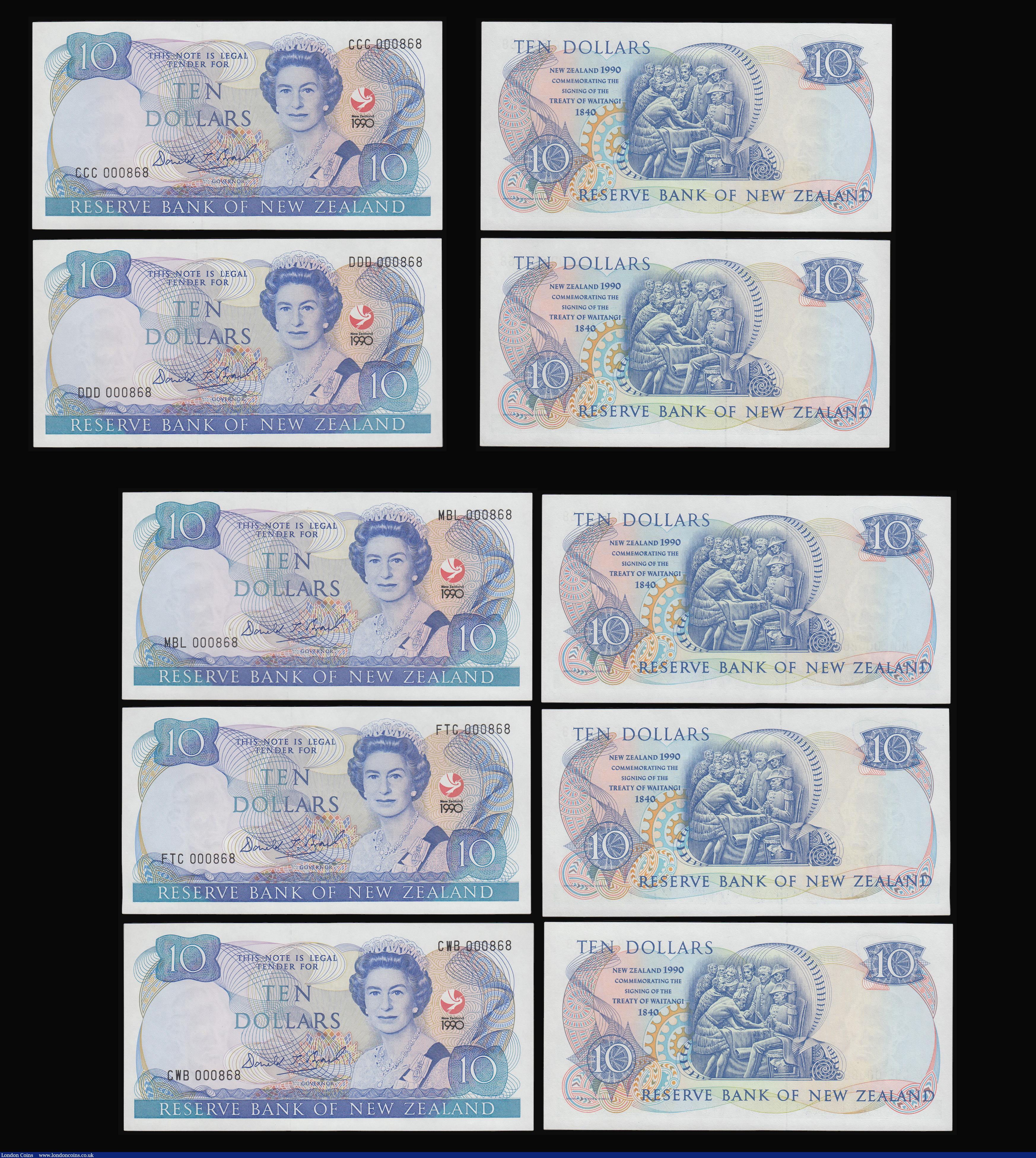 London Coins : A180 : Lot 184 : New Zealand 10 Dollars 1990 Treaty of Waitangi Commemorative Issue (8) all with serial number 000868...