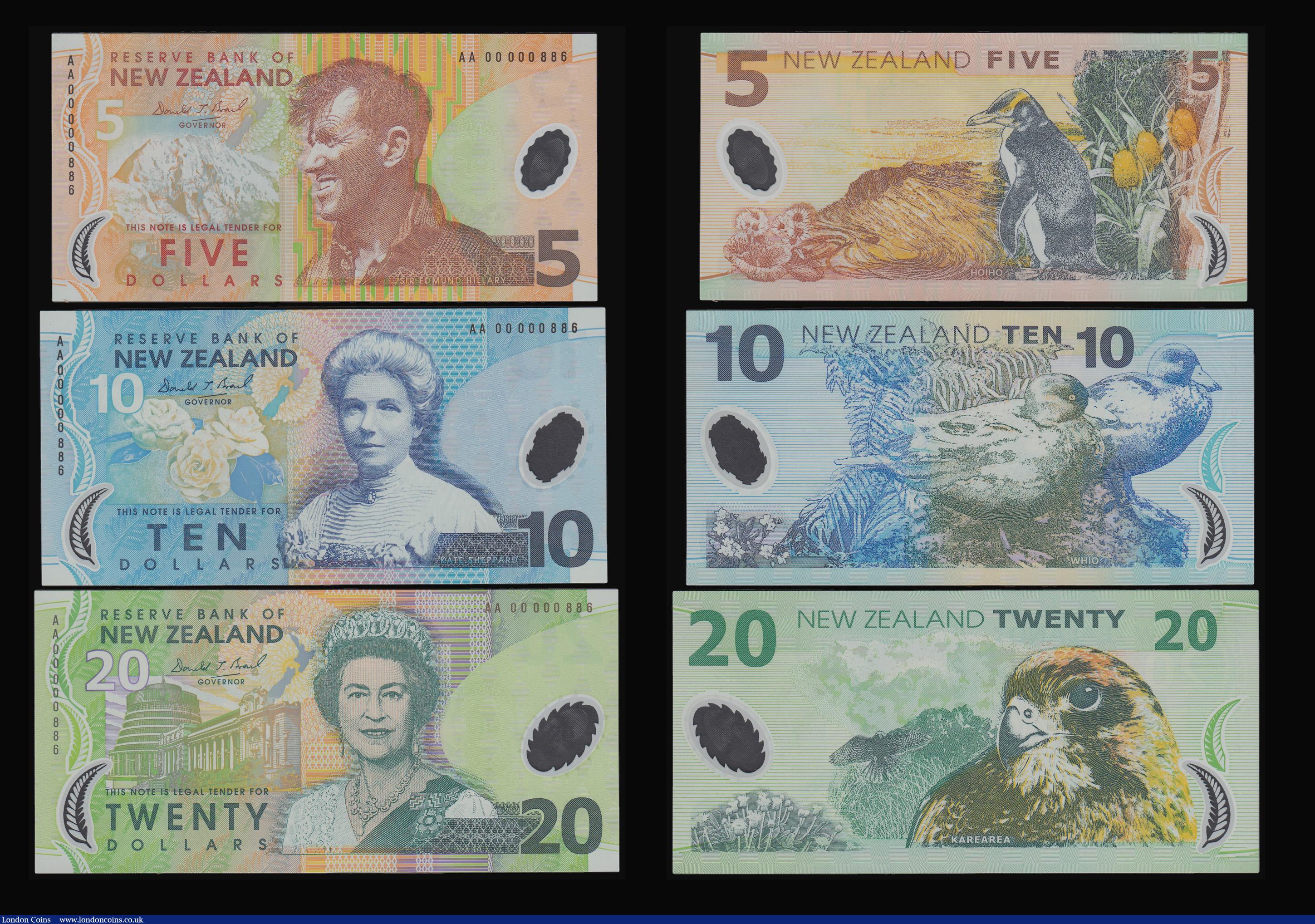 London Coins : A180 : Lot 186 : New Zealand Brash Polymer issues (5) a matching set AA 00000886 Five Dollars Hillary and Ten Dollars...