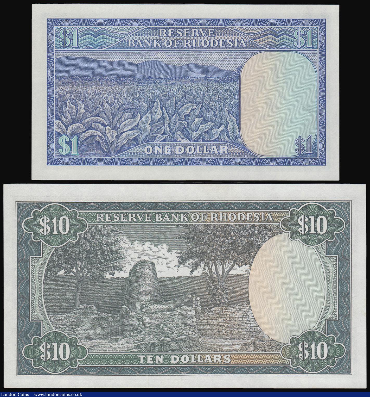 London Coins : A180 : Lot 205 : Rhodesia 1979 issues Zimbabwe Bird water mark (2) £10 and $1 both Unc