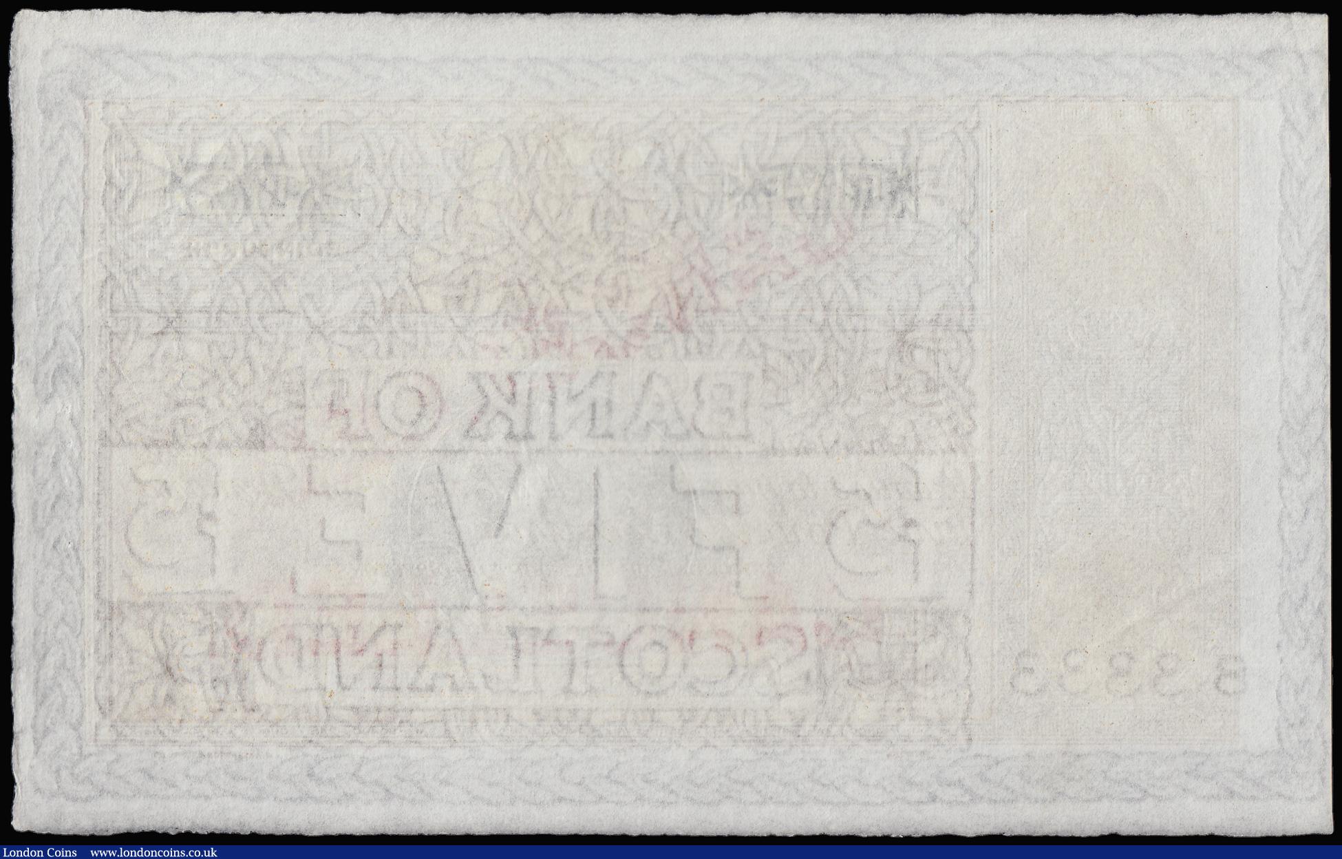 London Coins : A180 : Lot 219 : Scotland, Bank of Scotland Five Pounds Specimen signed Ephinstone and Macfarlane undated (1939) as P...