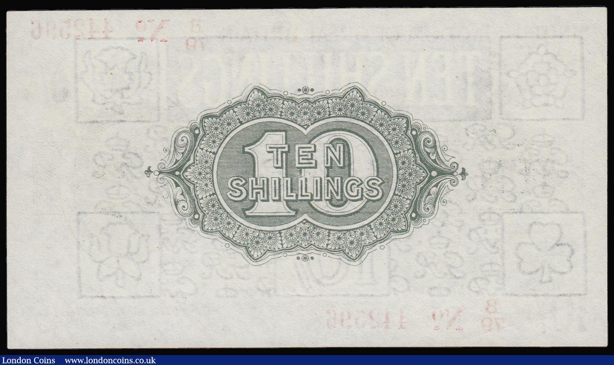 London Coins : A180 : Lot 28 : Ten Shillings Bradbury Third Issue T20 Red Dash in number, 1918 serial number B79 442596 EF or bette...
