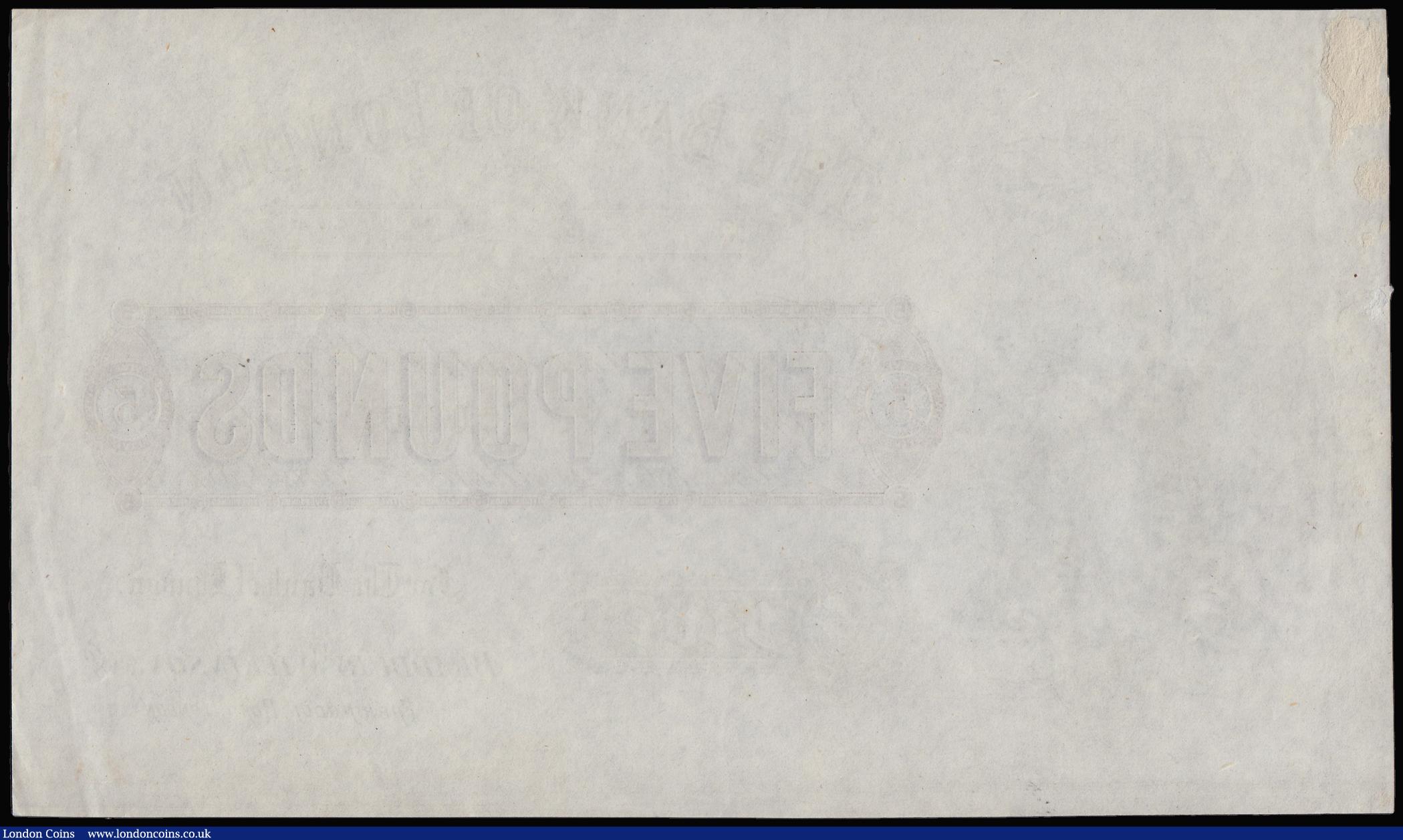 London Coins : A180 : Lot 4 : The Bank of London Five Pounds Bradbury Wilkinson 1 Jan 1867 Farringdon Road London uniface without ...