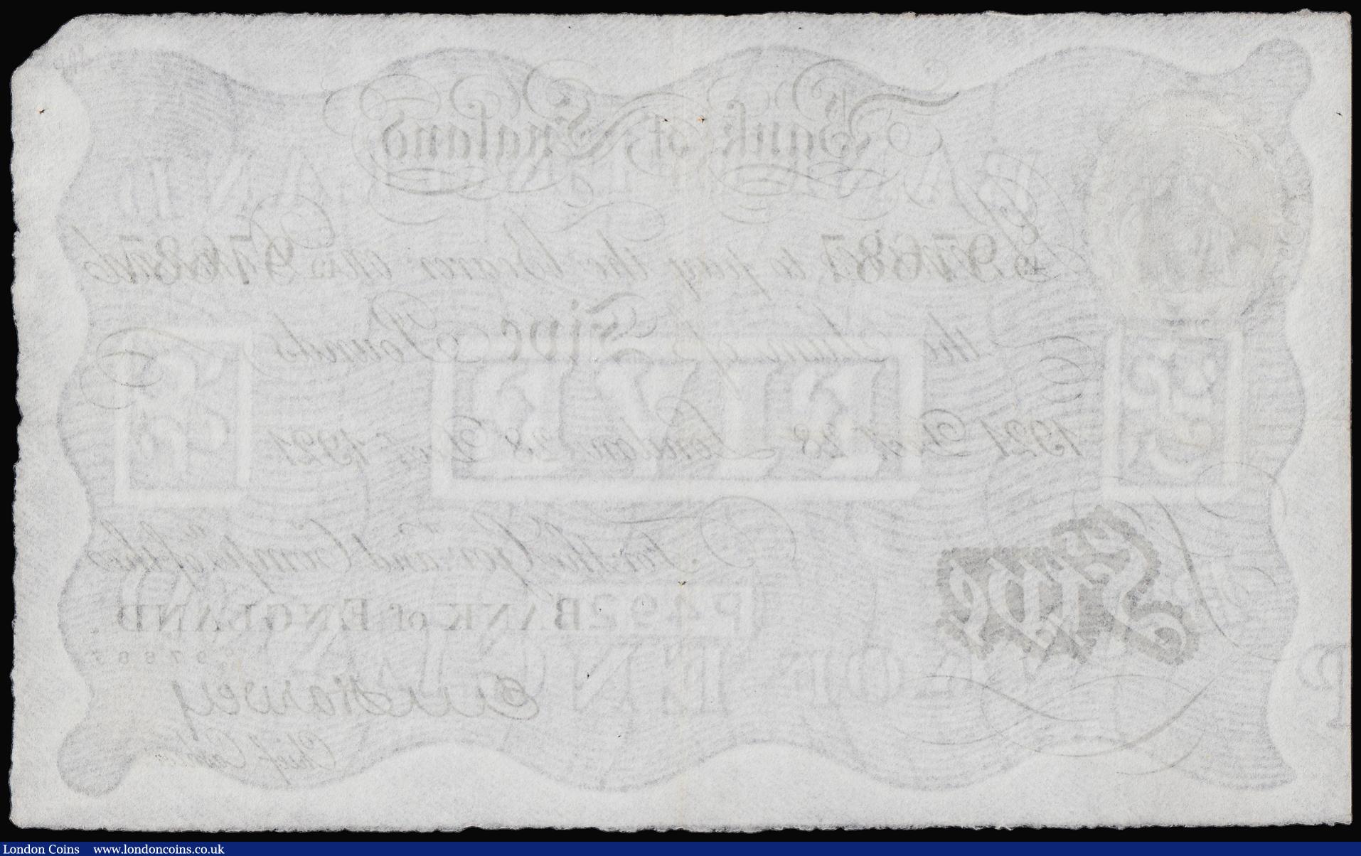London Coins : A180 : Lot 51 : Five Pounds White Harvey. B209a. London 28th Dec 1921 C/49 97687 GVF or possibly better