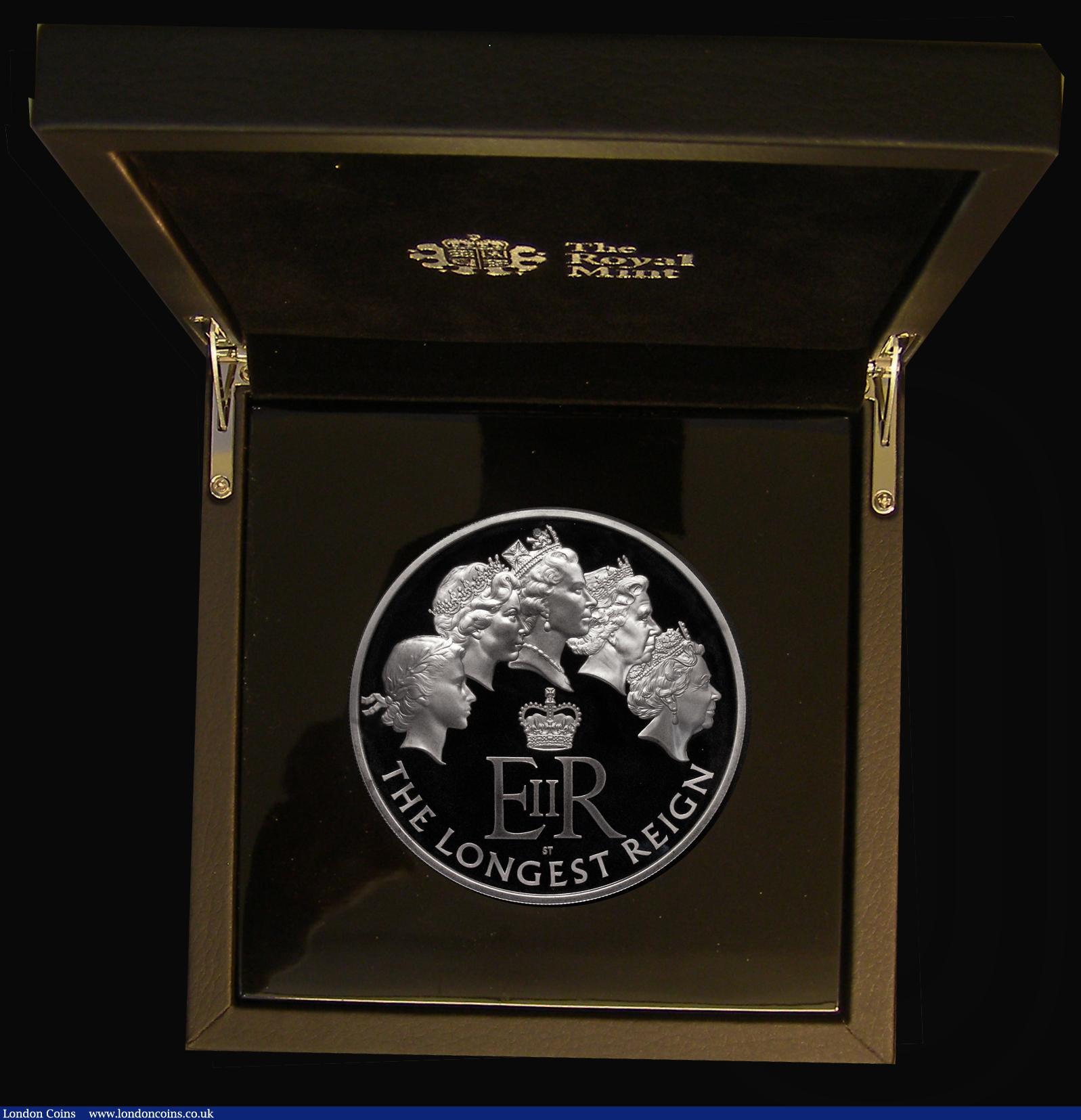 London Coins : A180 : Lot 519 : Ten Pounds 2015 Queen Elizabeth II - The Longest Reigning Monarch 5oz. Silver Proof S.M6 the only Si...