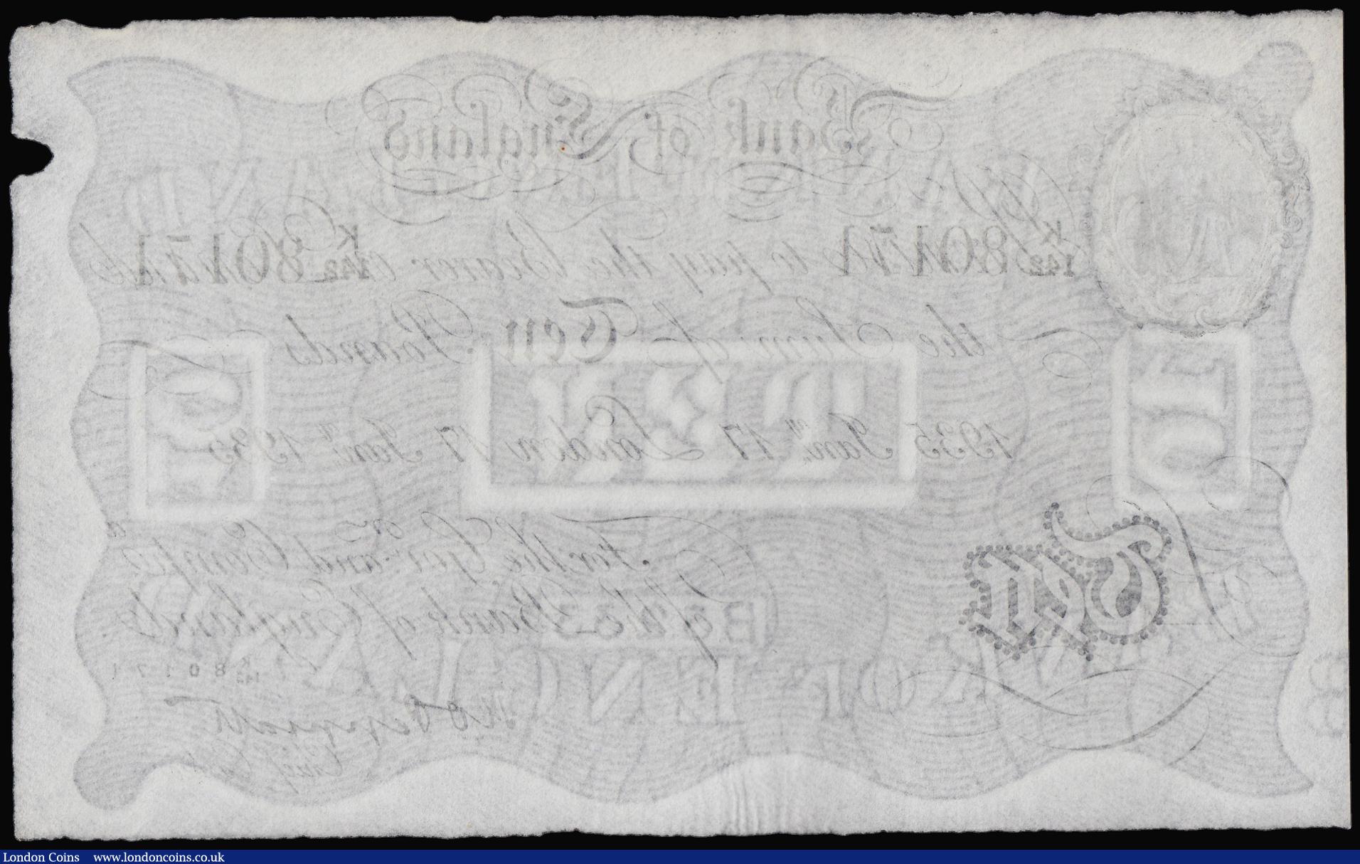 London Coins : A180 : Lot 79 : Ten Pounds Peppiatt white B242 London 17 Jan 1935 K/142  80171, Pick 336 EF or near so