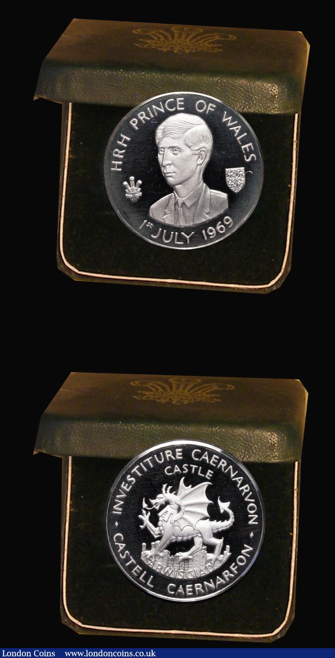 London Coins : A180 : Lot 806 : Investiture of Prince Charles as Prince of Wales 1969 (2) each 40mm diameter in silver by G. Colley,...