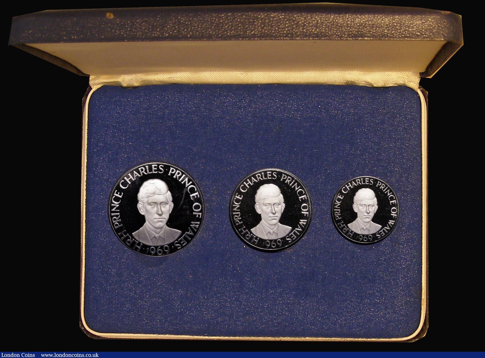 London Coins : A180 : Lot 807 : Investiture of Prince Charles as Prince of Wales 1969 (3) a 3-medal set in .999 silver 40mm, 32mm an...