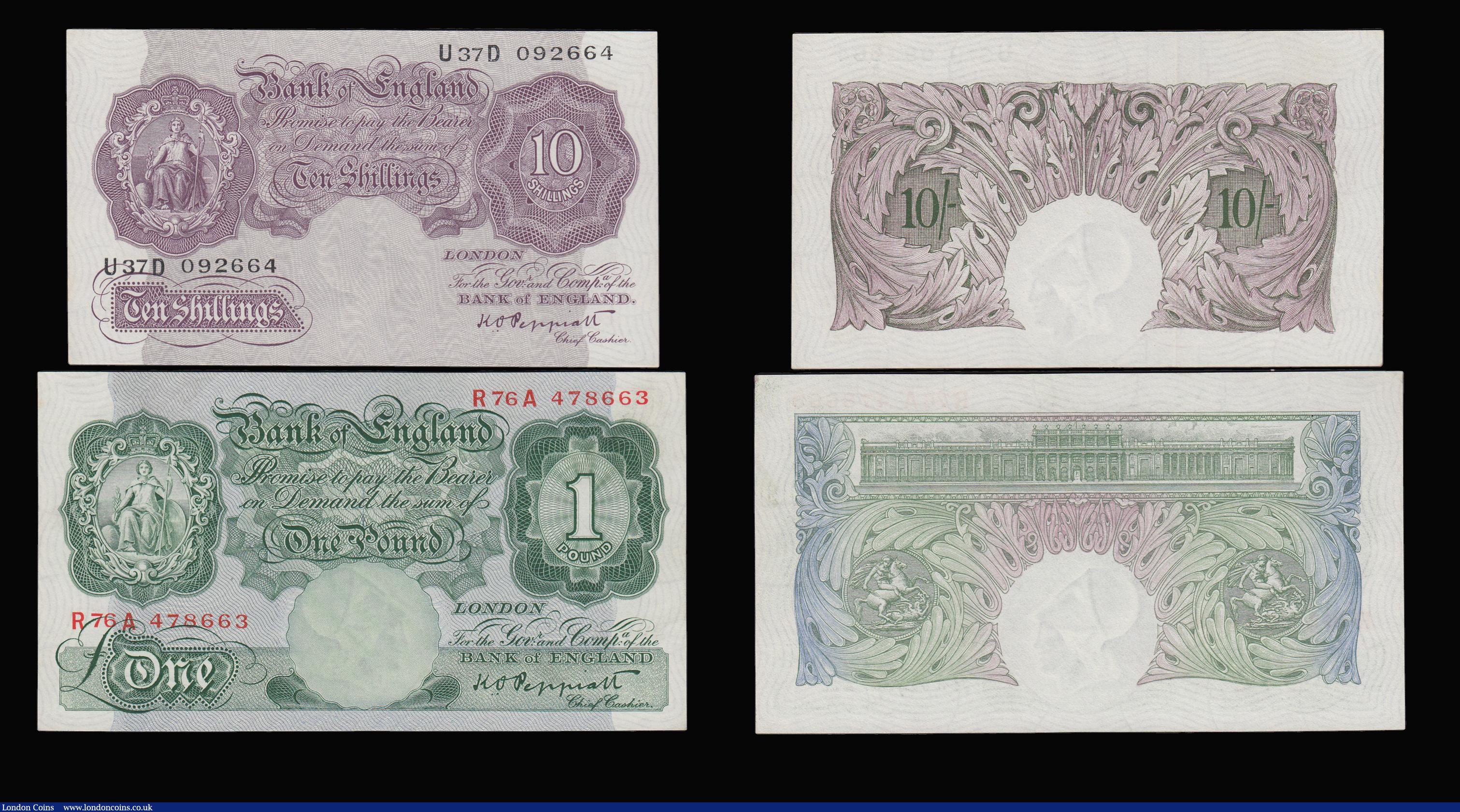 London Coins : A180 : Lot 84 : Ten Shillings Peppiatt Mauve Emergency Issue 1940 (3) EF - Unc and One Pound Peppiatt 1948 Unthreade...