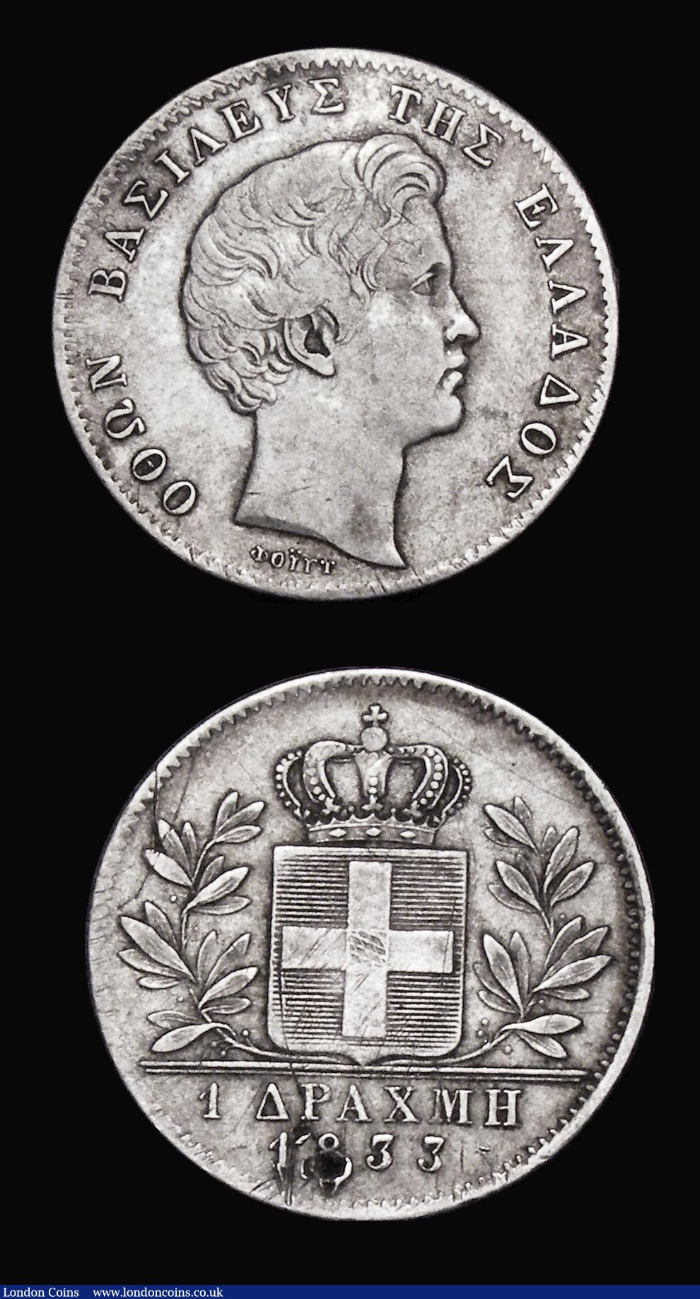 London Coins : A180 : Lot 986 : Greece (2) One Drachma 1833 KM#15 Fine/Good Fine, the reverse with an attempted piercing on the 8 of...