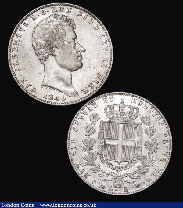 Italian States (2) Sardinia Five Lire 1848 FERRARIS/P KM#130.2 NVF/About VF, Lucca Five Franchi 1805 date with no stops KM#24.1 Fine with an edge crack : World Coins : Auction 181 : Lot 1081