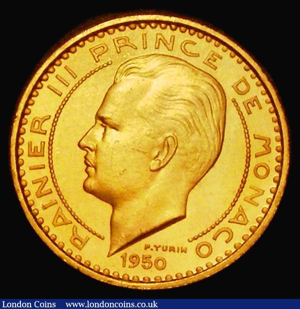 Monaco Ten Francs Gold Essai 1950 KM#E26 10.52 grammes of 0.900 Gold, Lustrous UNC, a very rare issue with just 500 minted : World Coins : Auction 181 : Lot 1104