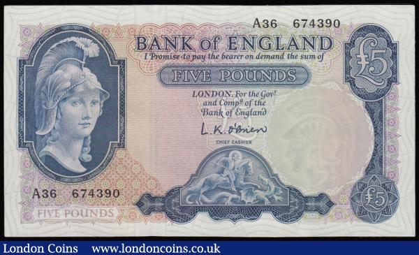 Five Pounds O'Brien B277 Helmeted Britannia at right, Lion and Key reverse issued 1957 A36 674390 Unc or near so : English Banknotes : Auction 181 : Lot 112