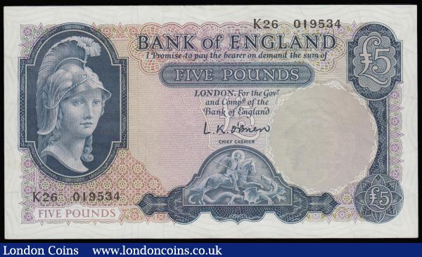Five Pounds O'Brien B280 Helmeted Britannia at right, Lion and Key reverse issued 1961 EF, K26 prefix : English Banknotes : Auction 181 : Lot 117