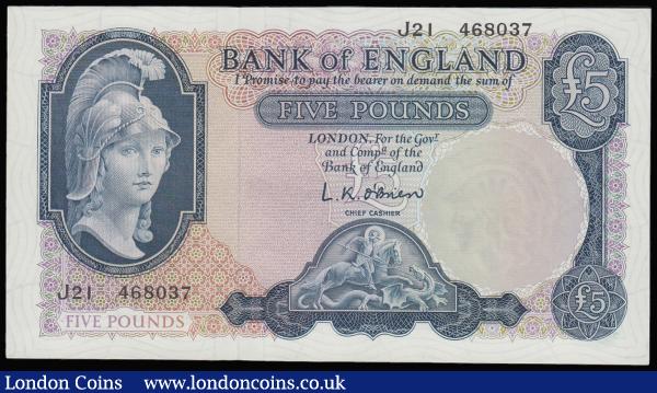 Five Pounds O'Brien B280 Helmeted Britannia issued 1961 J21 468037, Pick372, Unc or near so : English Banknotes : Auction 181 : Lot 118