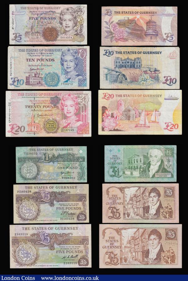 Guernsey (14) One Pounds Brown, Trestain, Clarke and Haines (9) mixed grades some Unc, Five Pounds Bull Pick 49 EF-AU,  circulated issues Five Pounds (2) Trestain and Clark, £10 and £20 Haines these four F-VF : World Banknotes : Auction 181 : Lot 279