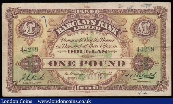 Isle of Man Barclays Bank Limited 1 Pound Pick 1c (BY IM18f; IOMPM M346) dated 25th March 1958 signatures T. Hall & J. Butterworth serial number 44219. A Waterlow & Sons Limited printing in brown on yellow and green underprint with large Triune at centre in the underprint on obverse. The reverse with a fully printed underprint across whole body of the note and an elaborate panel at centre with an illustration of Douglas Bay & Harbour, and the Bank's name and head office address, all in brown on lighter brown a firm original note F-VF with some members written on the front : World Banknotes : Auction 181 : Lot 299