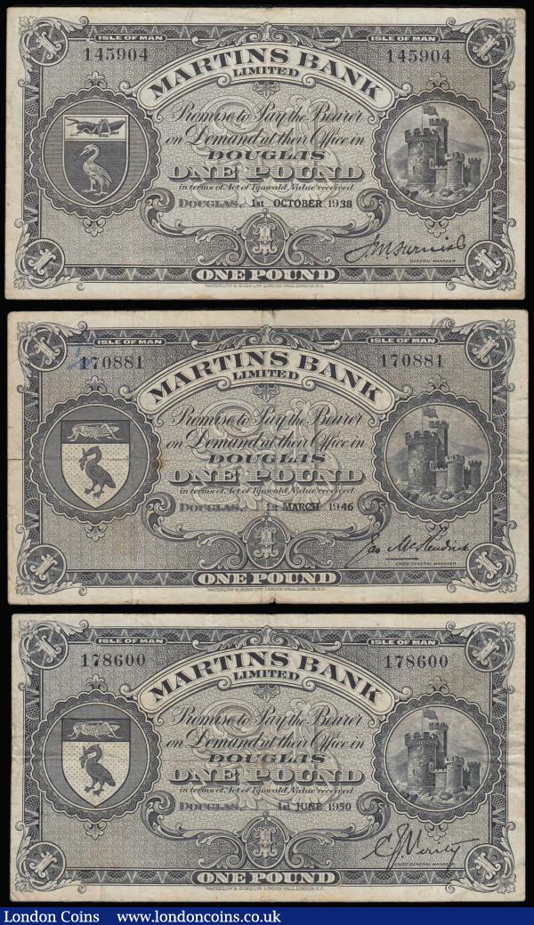 Isle of Man Martins Bank One Pounds (3) signature collection Furniss 1 Oct 1938, Kendrick 1 Mar 1946, Verity 1 June 1950 collectable and original Fine : World Banknotes : Auction 181 : Lot 308