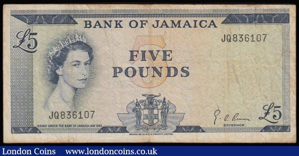Jamaica £5 issued 1960-64 Roman serial numbers signed Brown Pick 52d GF JQ 836107 , QE2 at left, Fine some dirt a scarce seldom offered issue : World Banknotes : Auction 181 : Lot 313