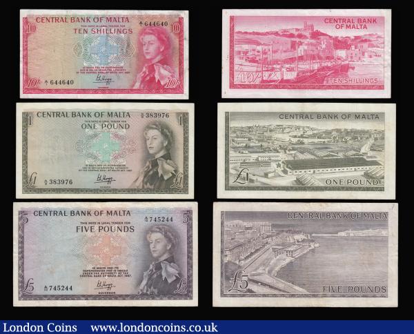 Malta 10 Shillings L1949 signed Cuschieri Pick 23a VF pin holes, L1949 Shepherd issues 1 Pound Pick 24b pleasant Fine and Five Pounds nVF some dirt, 1 Pound L1949 Soler Pick 26a Fine small tear top right, 10 Shillings Green (1963) Pick 10 about Fine, 1967 issues 10 Shillings, 1 Pound, 5 Pounds Pick 10,11 and 12 VF or near so : World Banknotes : Auction 181 : Lot 325