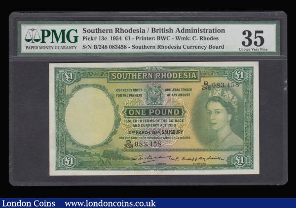 Southern Rhodesia One Pound Salisbury 10th March 1954 Pick 13c serial number B/248 083,458 PMG Choice Very Fine 35 desirable thus : World Banknotes : Auction 181 : Lot 415