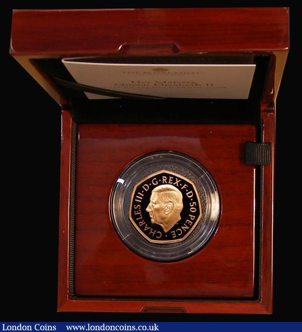 Fifty Pence 2022 King Charles III - Queen Elizabeth II Memorial Gold Proof the reverse with four shields of the Royal Arms with crown in centre, divided by Rose, Shamrock, Thistle and Leek, FDC or near so, the reverse with a hint of tone at the top, in the box of issue with certificate and booklet : English Cased : Auction 181 : Lot 469