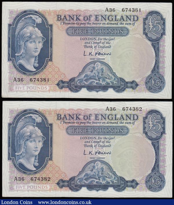 Five Pounds O'Brien B277 Helmeted Britannia at right, Lion and Key reverse issued 1957 (2 consecutives) A36 674381 and 674382 AU-Unc : English Banknotes : Auction 181 : Lot 95