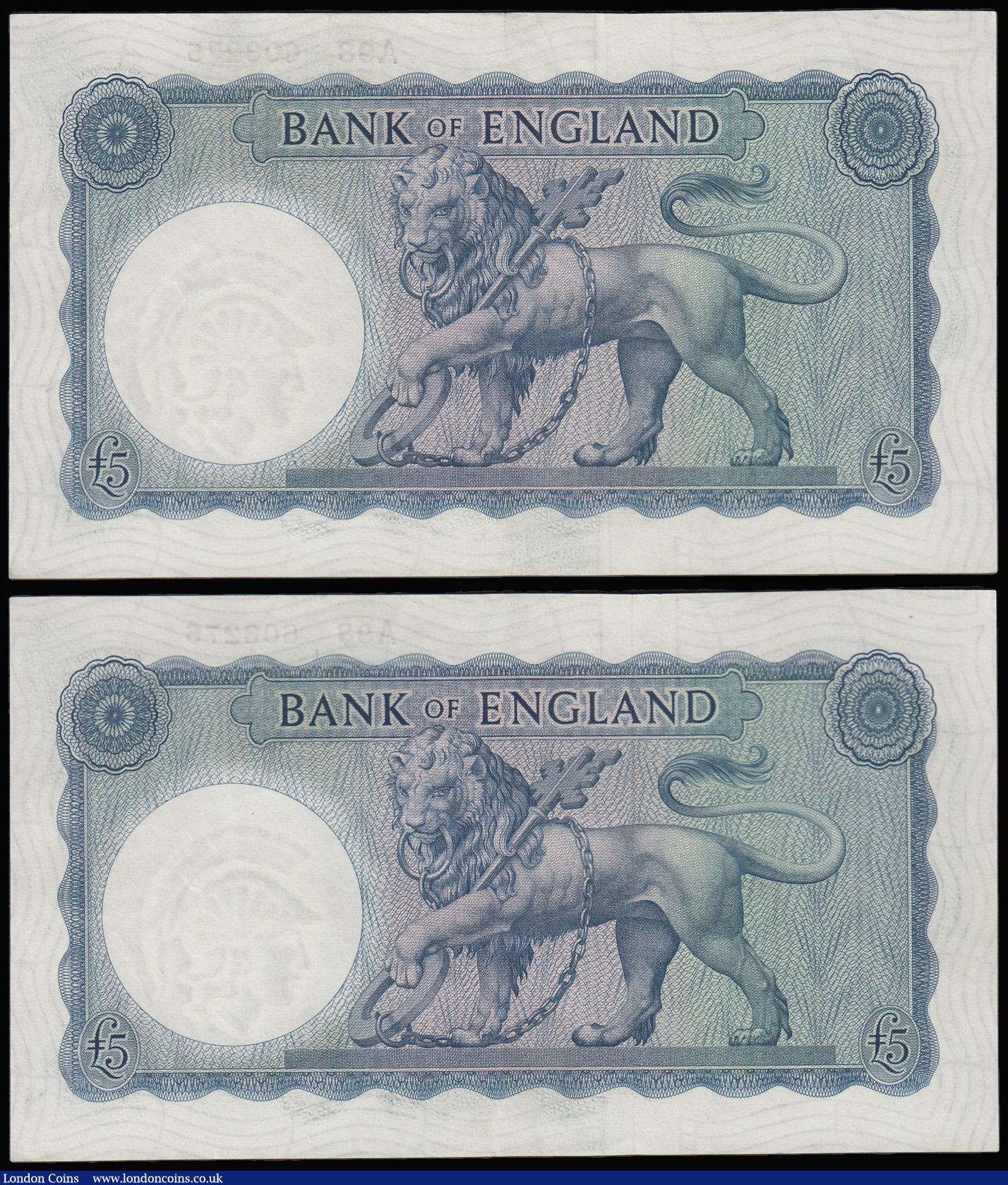 London Coins : A181 : Lot 105 : Five Pounds O'Brien B277 Helmeted Britannia at right, Lion and Key reverse issued 1957 (2 conse...
