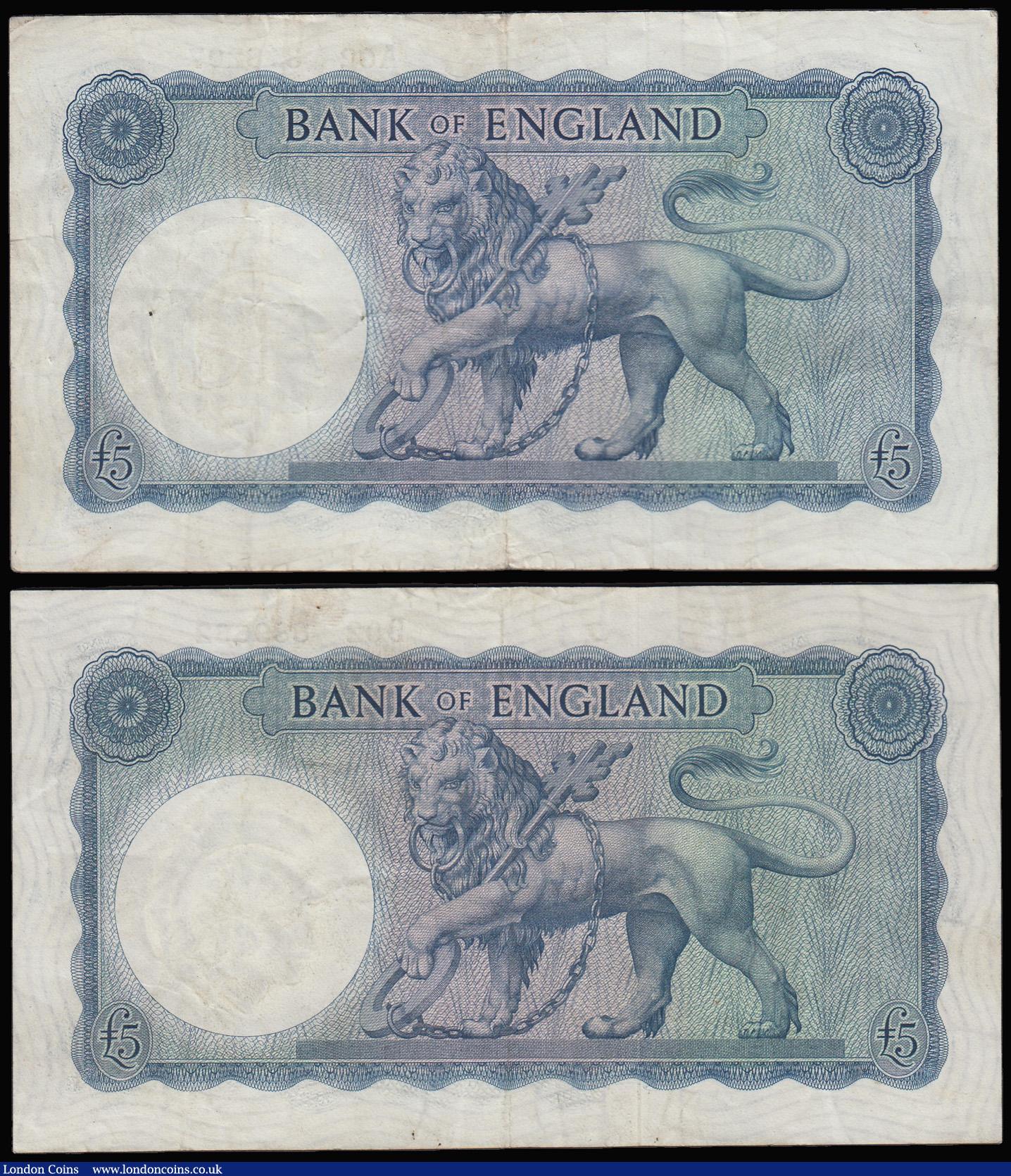 London Coins : A181 : Lot 106 : Five Pounds O'Brien B277 Helmeted Britannia at right, Lion and Key reverse issued 1957 (2) A02 ...