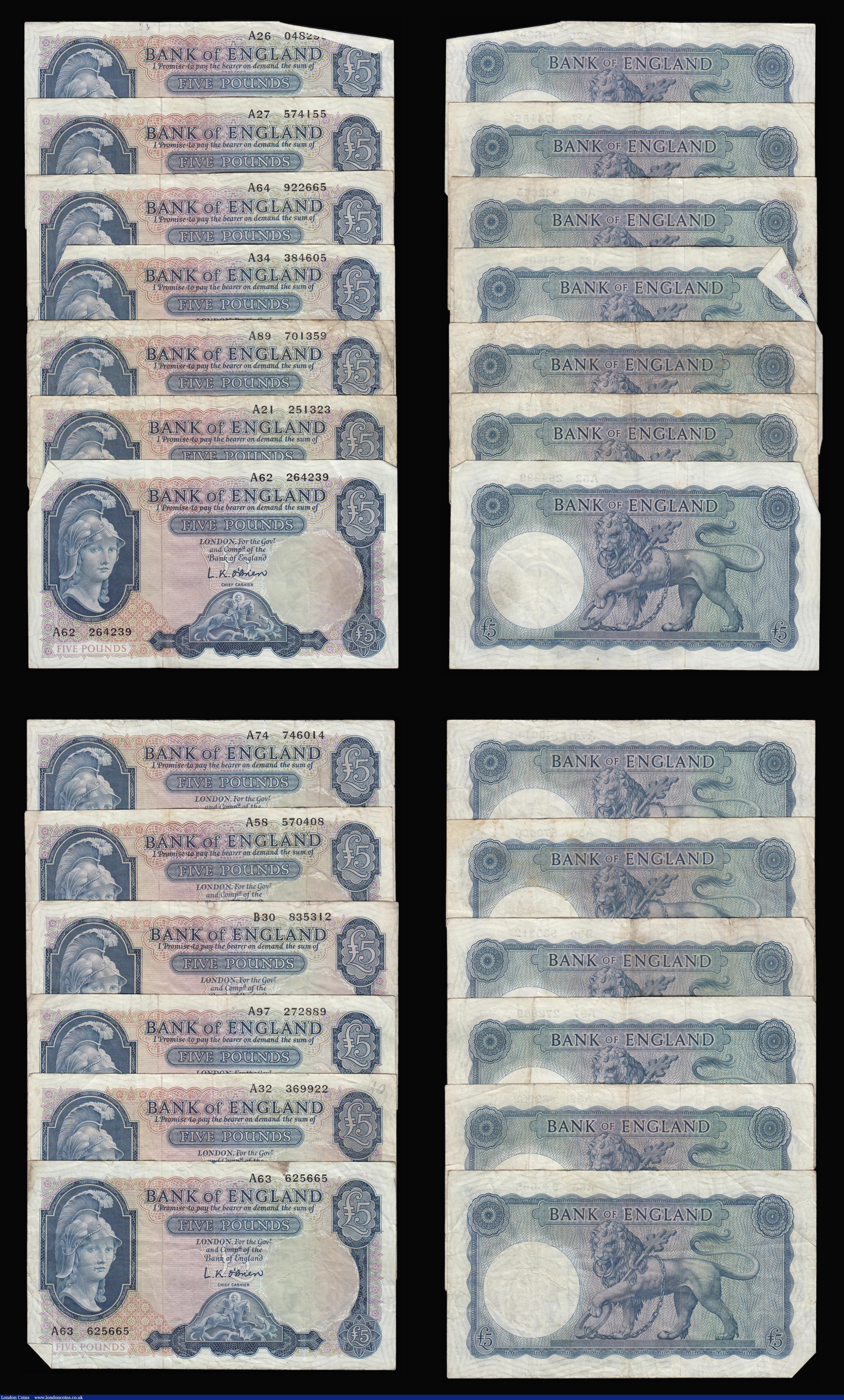 London Coins : A181 : Lot 107 : Five Pounds O'Brien B277 Helmeted Britannia at right, Lion and Key reverse issued 1957 (27) col...