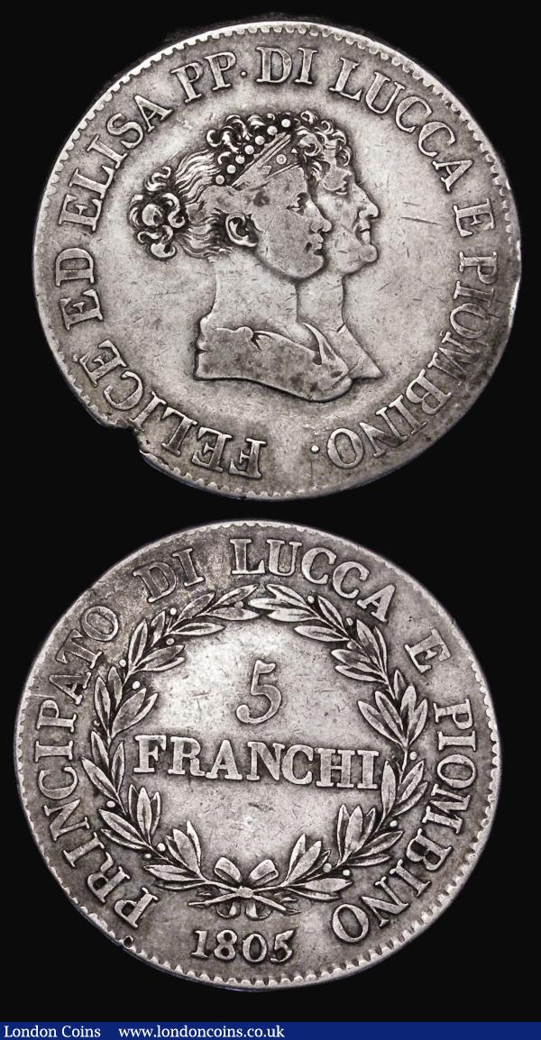 Italian States (2) Sardinia Five Lire 1848 FERRARIS/P KM#130.2 NVF/About VF, Lucca Five Franchi 1805 date with no stops KM#24.1 Fine with an edge crack : World Coins : Auction 181 : Lot 1081