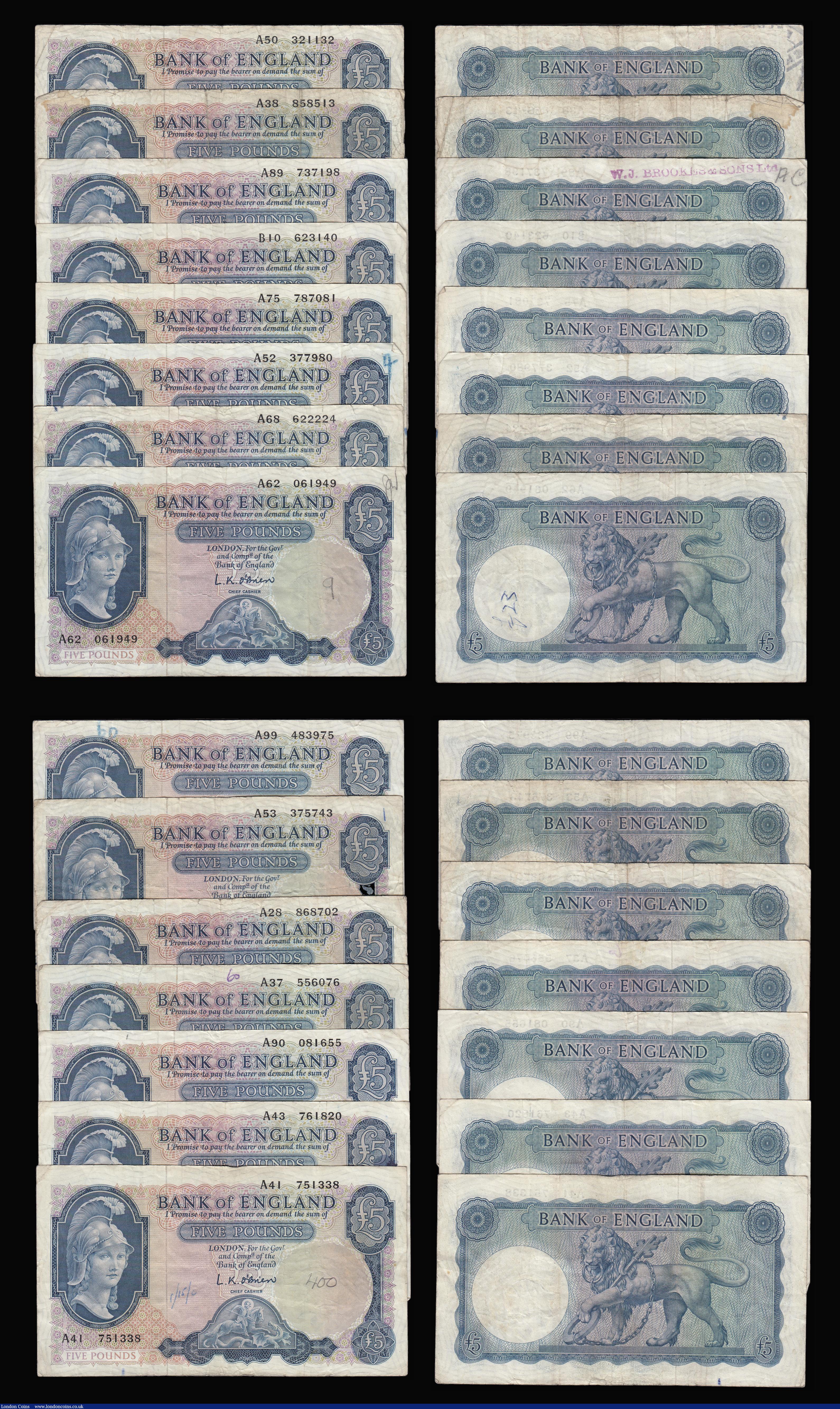London Coins : A181 : Lot 109 : Five Pounds O'Brien B277 Helmeted Britannia at right, Lion and Key reverse issued 1957 (31) gen...