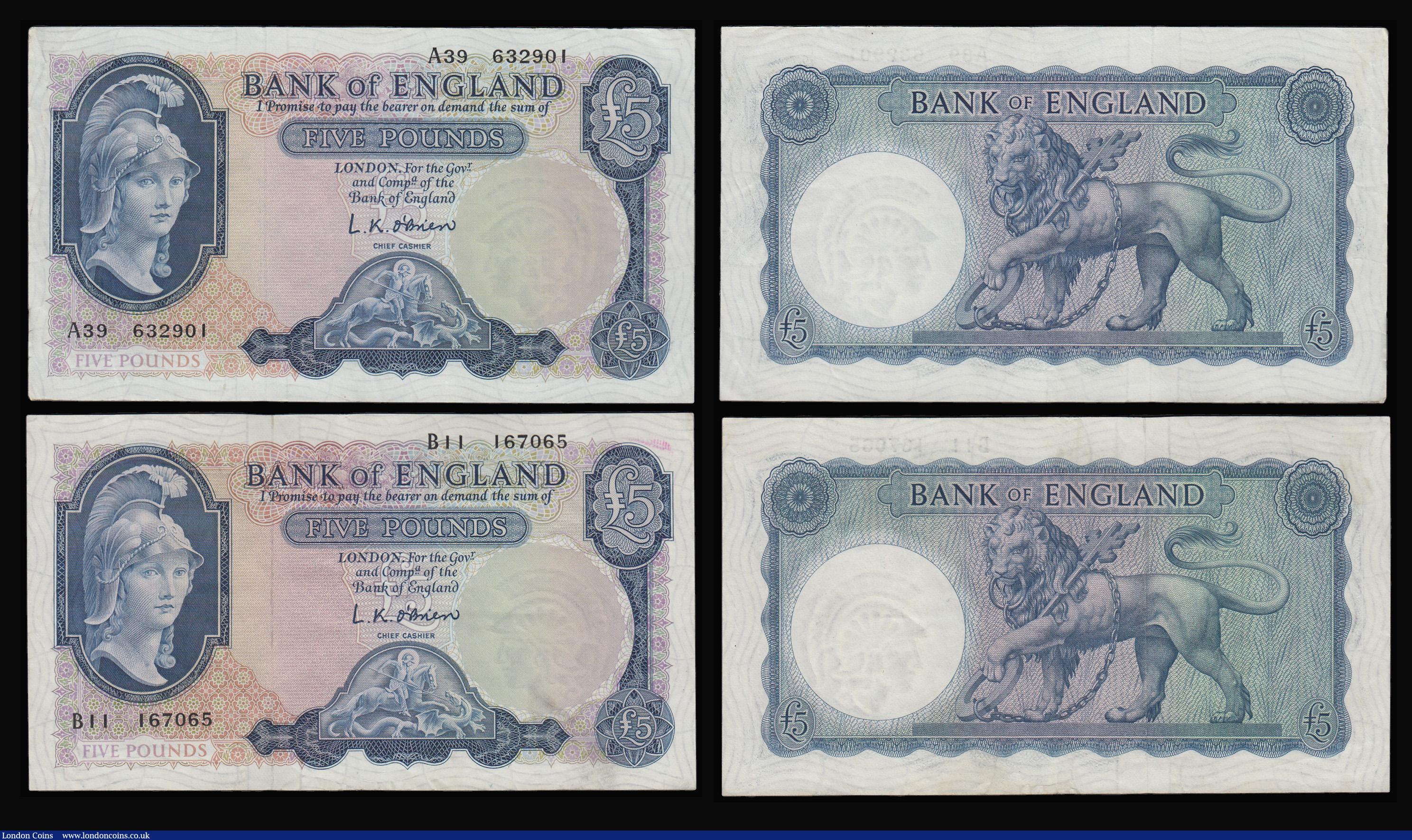 London Coins : A181 : Lot 110 : Five Pounds O'Brien B277 Helmeted Britannia at right, Lion and Key reverse issued 1957 (4) pref...