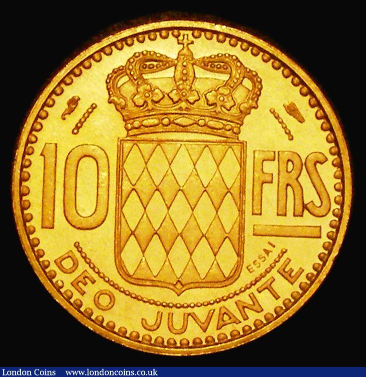 London Coins : A181 : Lot 1104 : Monaco Ten Francs Gold Essai 1950 KM#E26 10.52 grammes of 0.900 Gold, Lustrous UNC, a very rare issu...