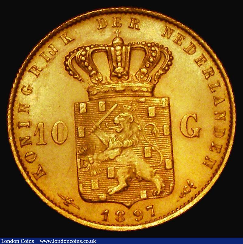 London Coins : A181 : Lot 1113 : Netherlands Ten Gulden Gold 1897 KM#118 Lustrous UNC, the other dates in this series have miniscule ...