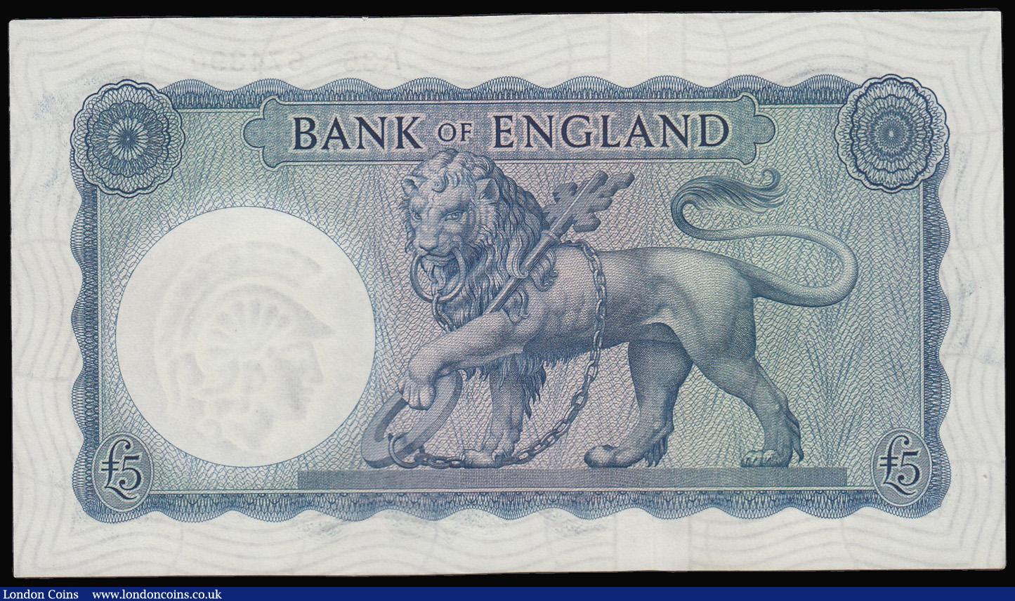 London Coins : A181 : Lot 112 : Five Pounds O'Brien B277 Helmeted Britannia at right, Lion and Key reverse issued 1957 A36 6743...