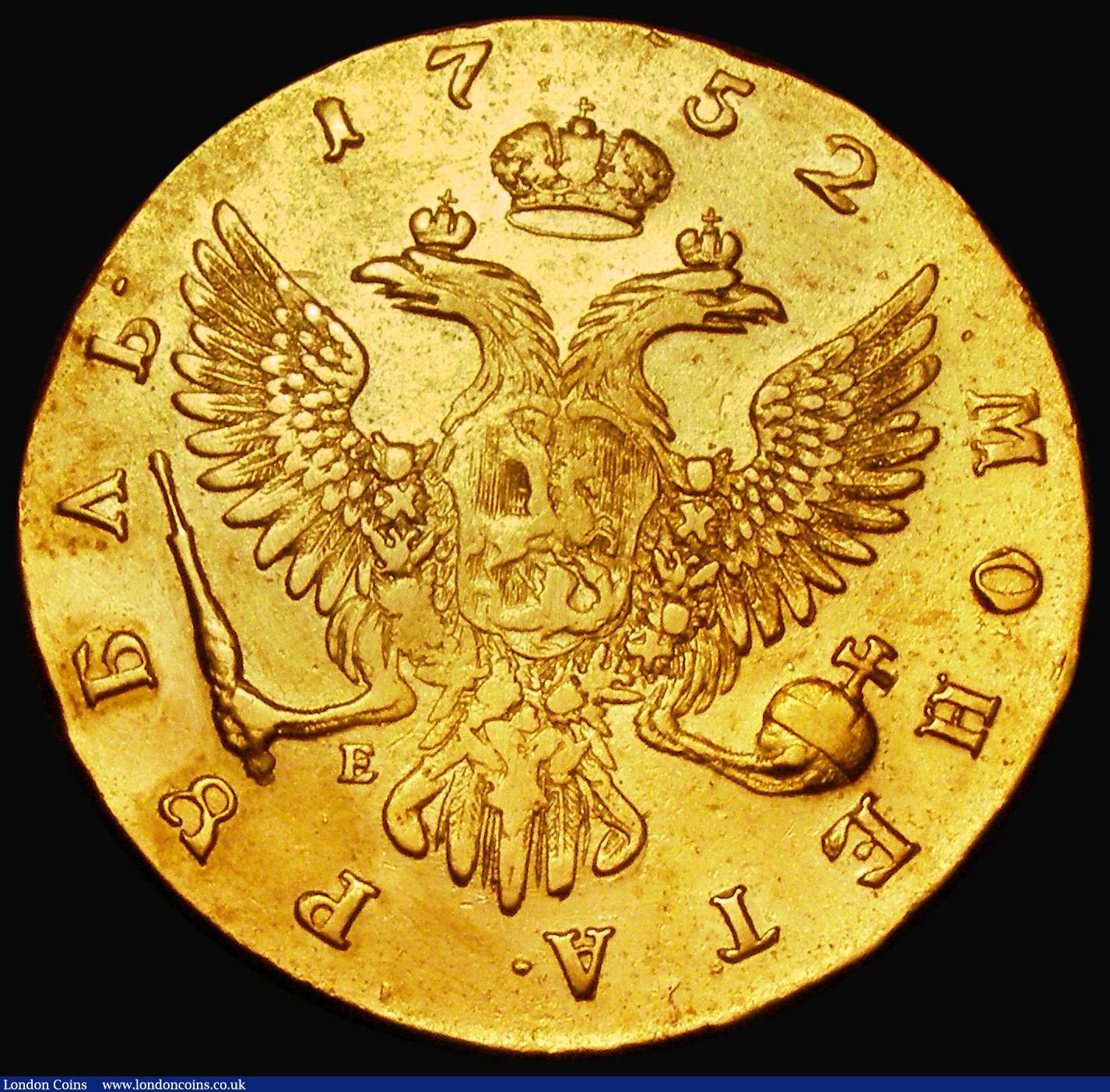 London Coins : A181 : Lot 1135 : Russia Rouble 1752 MMД E, C#19.2 Good Fine, gilded, with an edge mount having been skilfully remove...