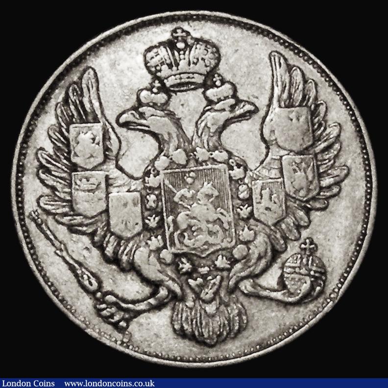 London Coins : A181 : Lot 1136 : Russia Three Roubles 1832 CΠÐ‘ C#177 Platinum issue, Fine with some edge nicks, the rev...